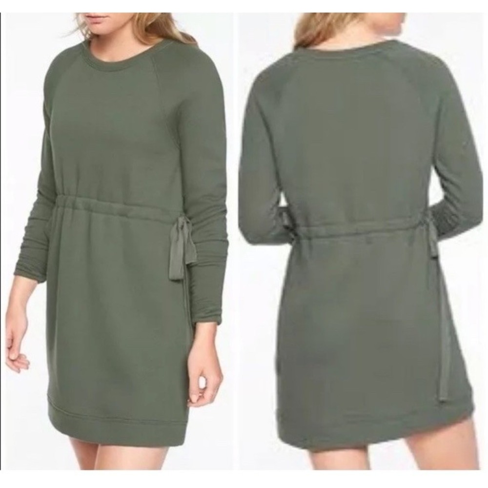 Athleta Studio Cinch Long Sleeve Womens Sweatshirt Dress-Olive Green Size XXS
